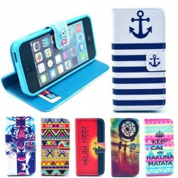 Wallet Style Flip Case with Anchor Stripe Aztec Tribal Tribe Cartoon Print For iphone 4 4S 4G Stand PU Leather Cell Phone Cover