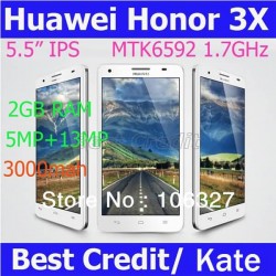 100% original huawei honor 3X MTK6592 Octa core1.7GHz phone 5.5" IPS Android 4.2 2GB RAM 13MP+5MP WCDMA white/Kate