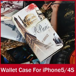 Retro Famous Buildings Pattern Design Stand Case For iPhone 5S 5 4S 4 Credit Card Holder Wallet Bag Cover For iPhone5