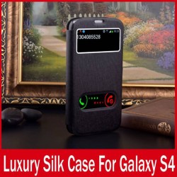 Silk Pattern Double Window Phone Bag Cover Case For Samsung Galaxy S4 i9500 i9505 PU Leather Flip Cover With Stand Function