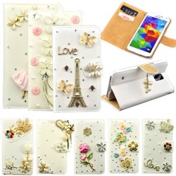 Pu Leather Flip Diamond Eiffel Tower & Flower Stand wallet Case Cover For Samsung Galaxy SV S5 I9600 S 5 Handmade